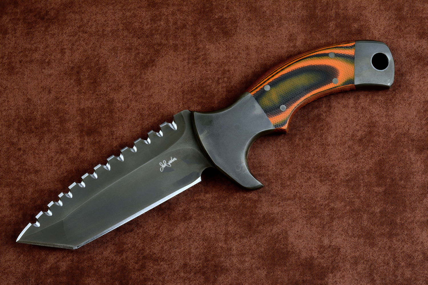 "Krag" tactical, counterterrorism, crossver knife, obverse side view in ATS-34 high molybdenum martensitic stainless steel blade, 304 stainless steel bolsters, multicolored tortoiseshell  G10 fiberglass/epoxy composite handle, hybrid tension tab-locking sheath in kydex, anodized aluminum, black oxide stainless steel and anodized titanium