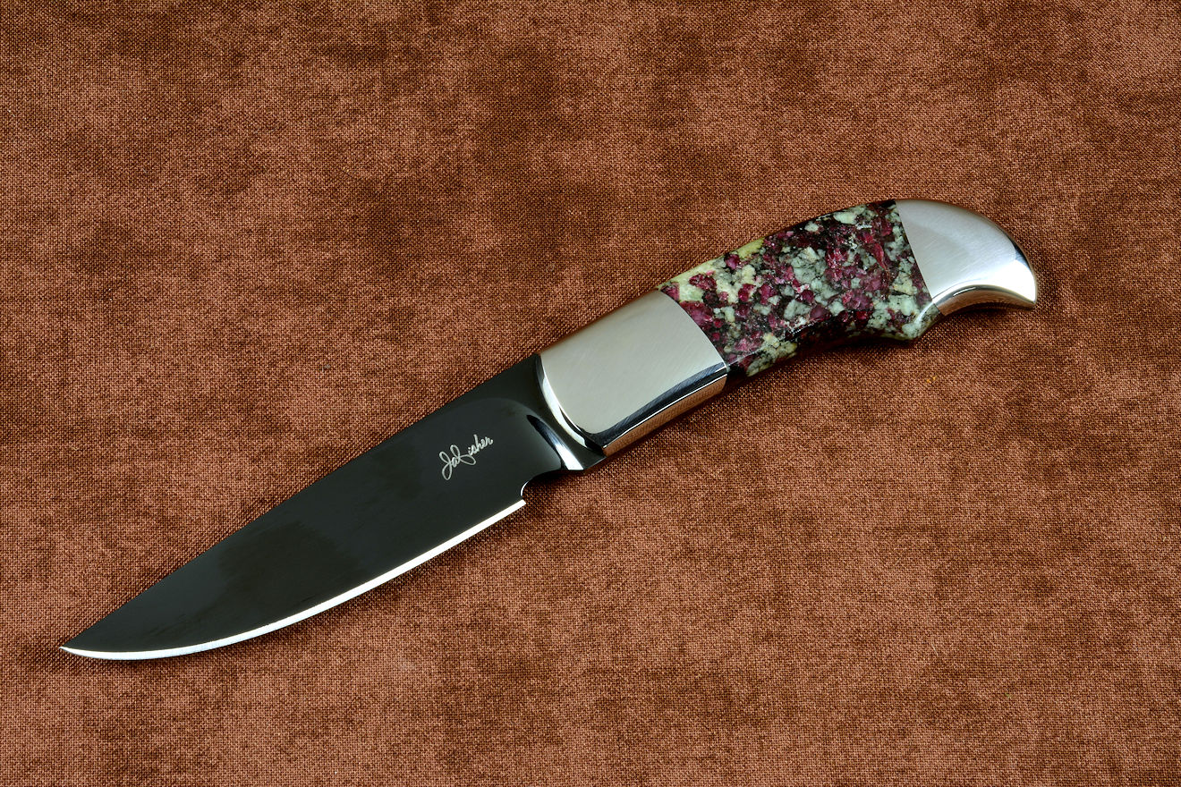 "Lacerta", obverse side view in deep cryogenically treated O1 tungsten-vanadium tool steel blade, hot blued, 304 stainless steel bolsters, Eudialite gemstone handle, sheath of hand-carved leather inlaid with Ostrich leg skin