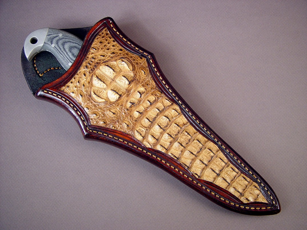 Crocodile inlay in handmade custom knife sheath for "Macha" tactical knife
