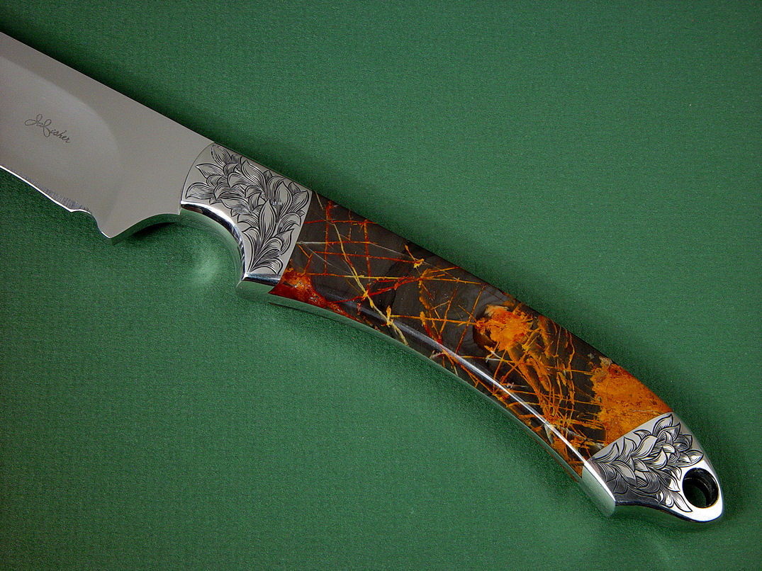 "Magdalena Magnum" obverse side view in D2 extremely high carbon die steel blade, hand-engraved 304 stainless steel bolsters, Pilbara Picasso Jasper gemstone handle, hand-carved, hand-tooled leather sheat