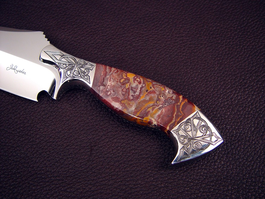 "Malaka" obverse side view: 440C high chromium stainless steel blade, hand-engraved 304 stainless steel bolsters, Cabernet Jasper gemstone handle, black stingray skin inlaid in hand-carved leather sheath