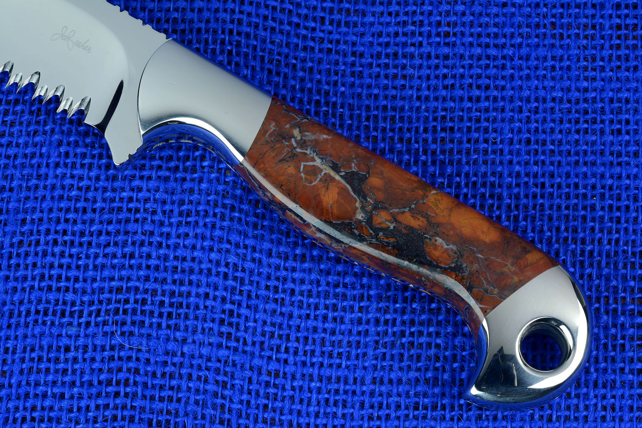 "Mariner" Sailor's Knife with "Seahawk" marlinspike, obverse side view in 440C high chromium martensitic stainless steel blade, T3 cyrogenic treatment, 304 stainless steel bolsters, Stone Canyon Jasper gemstone handle, hand-carved leather sheath inlaid with shark skin