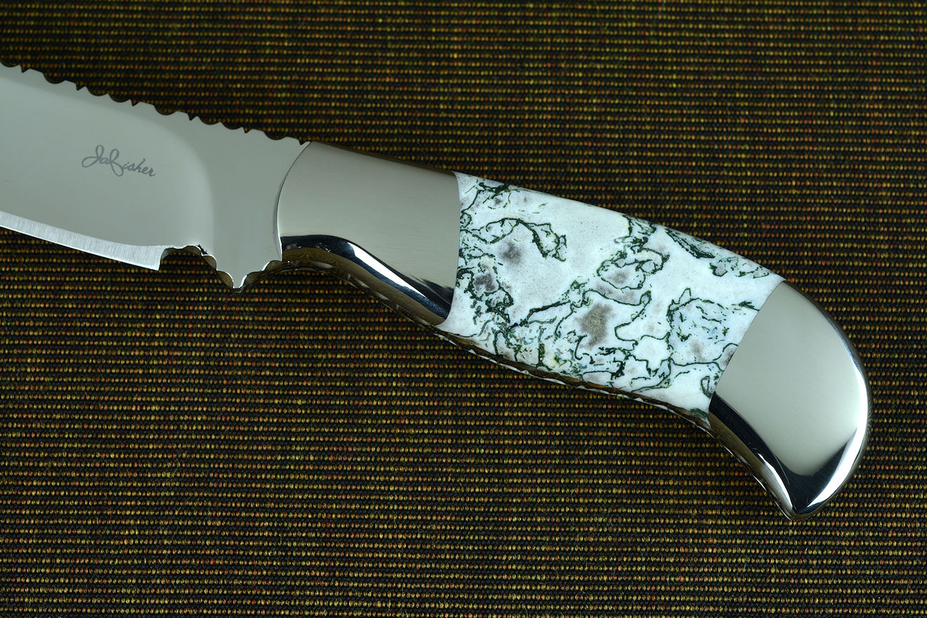 "Menkar" obverse side view in CPM154CM powder metal technology tool steel blade, 304 stainless steel bolsters, Dendritic Agate gemstone handle, hand-carved, hand-dyed leather sheath inlaid with green rayskin