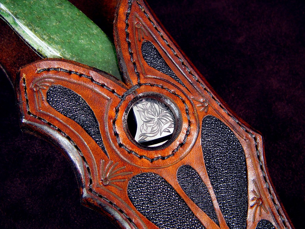 "Mercator" obverse side view: 440C high chromium stainless steel blade, hand-engraved 304 stainless steel bolsters, Nephrite Jade gemstone handle, black stingray skin inlaid in leather sheath