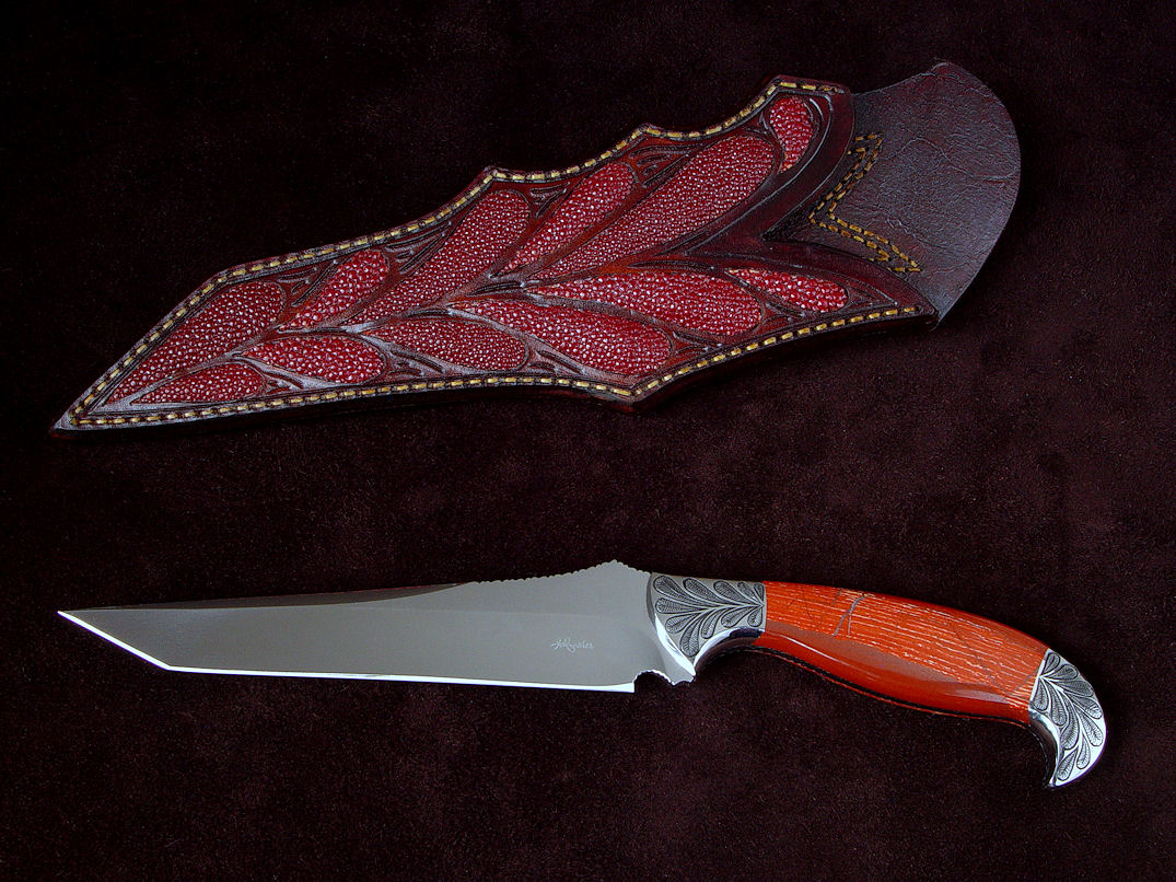 "Mercator" custom knife, obverse side view in 440C high chromium stainless steel blade, hand-engraved 304 stainless steel bolsters, Snakeskin Jasper gemstone handle, red rayskin inlaid in hand-carved leather sheath