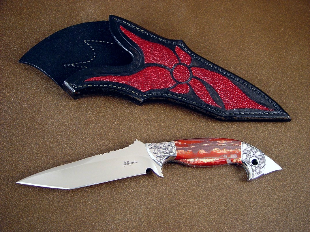 "Mercurius Magnum" Tactical Art Knife, obverse side view: 440C high chromium stainless tool steel blade, hand-engraved 304 stainless steel bolsters, Australian Snakeskin Jasper gemstone handle, red stingray skin inlaid in hand-carved leather sheath