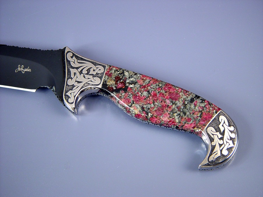 Russian Eudialite gemstone handle on Mercury Magnum knife with hand-engraved 304 stainless steel bolsters