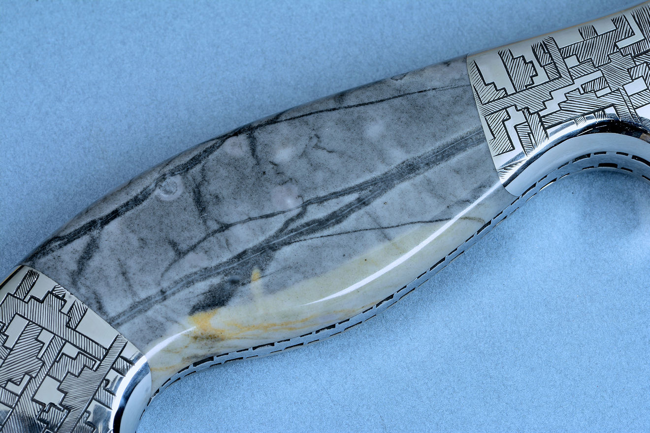 "Toroweap" custom knife sculpture in hand-cast bronze, 440C high chromium stainless steel blade, 304 hand-engraved stainless steel bolsters, Picasso Marble gemstone handle