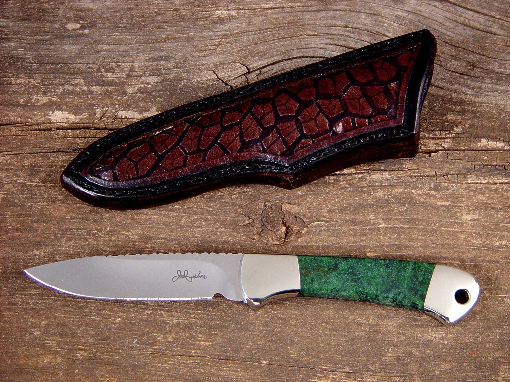 "Mirach" in ATS-34 high molybdenum stainless steel blade, nickel silver bolsters, Migmatite Granite gemstone handle, cow stomach inlaid in hand-carved leather sheath