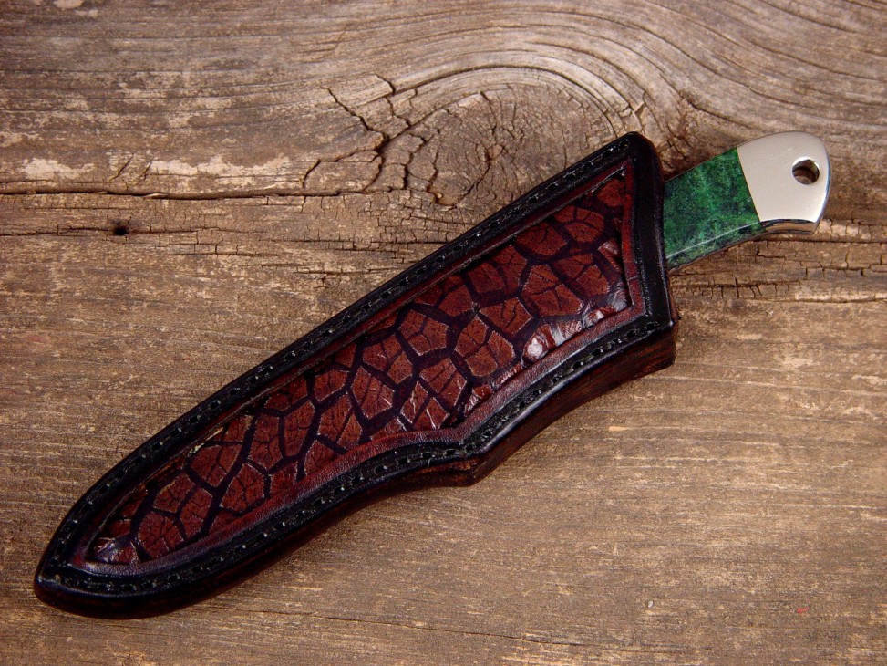 "Mirach" in ATS-34 high molybdenum stainless steel blade, nickel silver bolsters, Migmatite Granite gemstone handle, cow stomach inlaid in hand-carved leather sheath