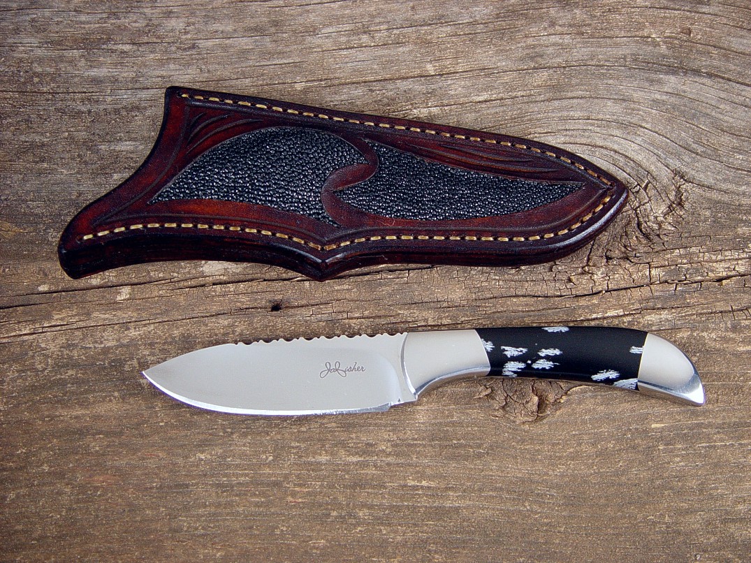 "Mule", obverse side view in 440C high chromium stainless steel blade, 304 stainless steel bolsters, Snowflake Obsidian gemstone handle, black rayskin inlaid in hand-carved leather sheath