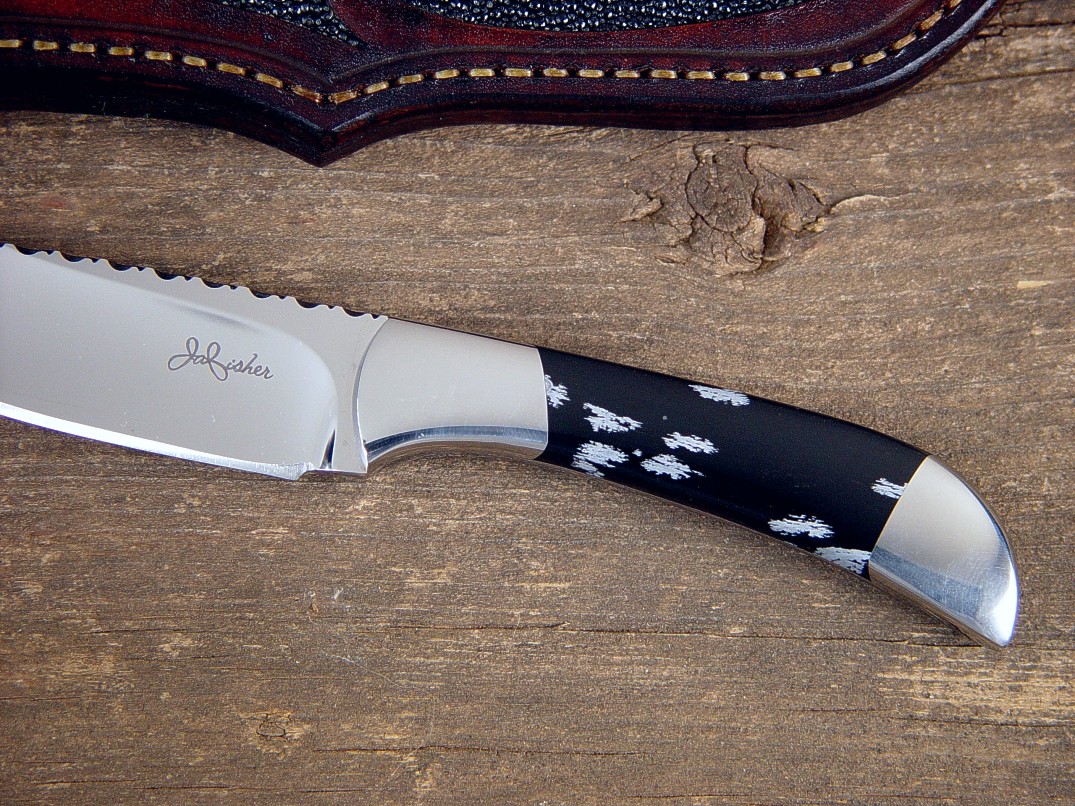 "Mule", obverse side view in 440C high chromium stainless steel blade, 304 stainless steel bolsters, Snowflake Obsidian gemstone handle, black rayskin inlaid in hand-carved leather sheath