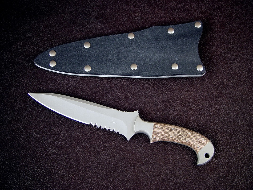 "Nemean" tactical combat knife, obverse side view: 440C high chromium stainless steel blade, 304 stainless steel bolsters, coarse canvas micarta phenolic handle, kydex, aluminum, nickel plated steel sheath
