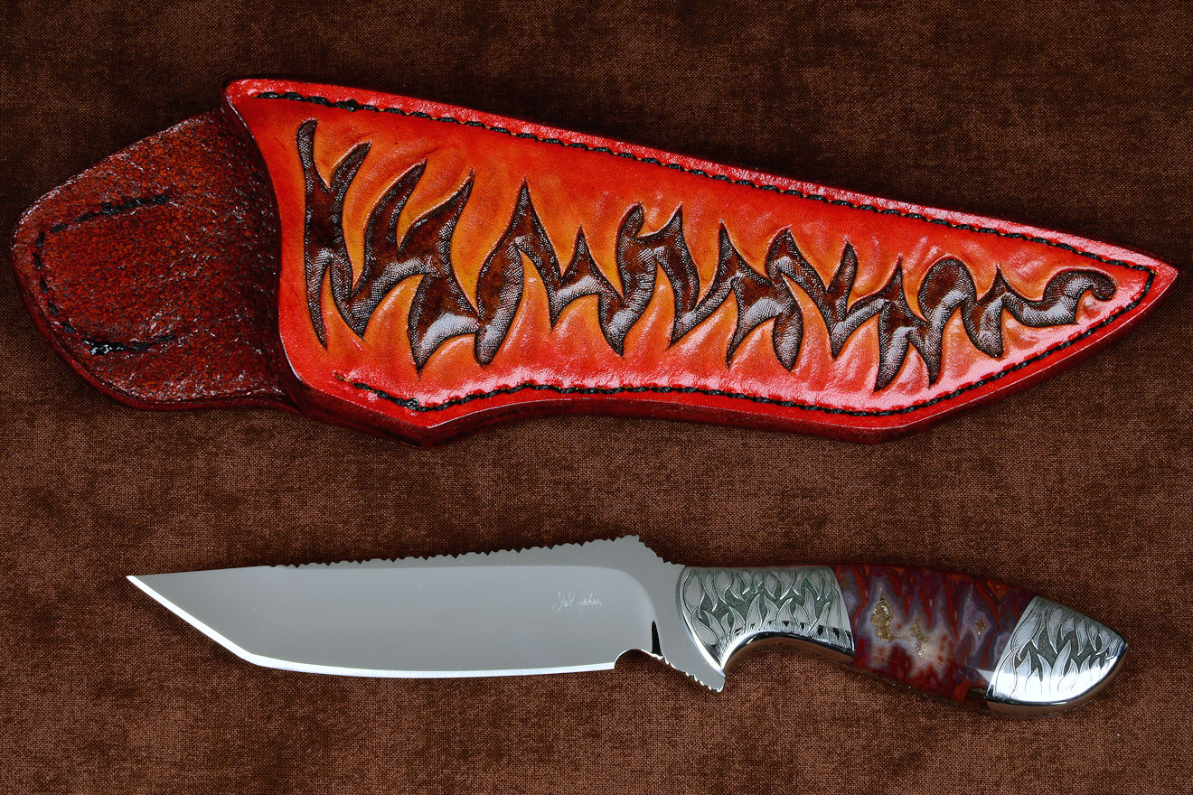 "Nishi" obverse side view in 440C high chromium stainless steel blade, hand-engraved 304 stainless steel bolsters, Sonoran Flame Agate gemstone handle, hand-carved, hand-dyed leather sheath