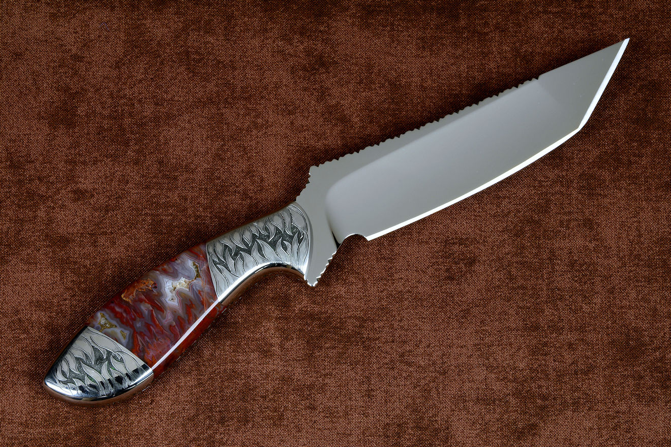 "Nishi" reverse side view in 440C high chromium stainless steel blade, hand-engraved 304 stainless steel bolsters, Sonoran Flame Agate gemstone handle, hand-carved, hand-dyed leather sheath