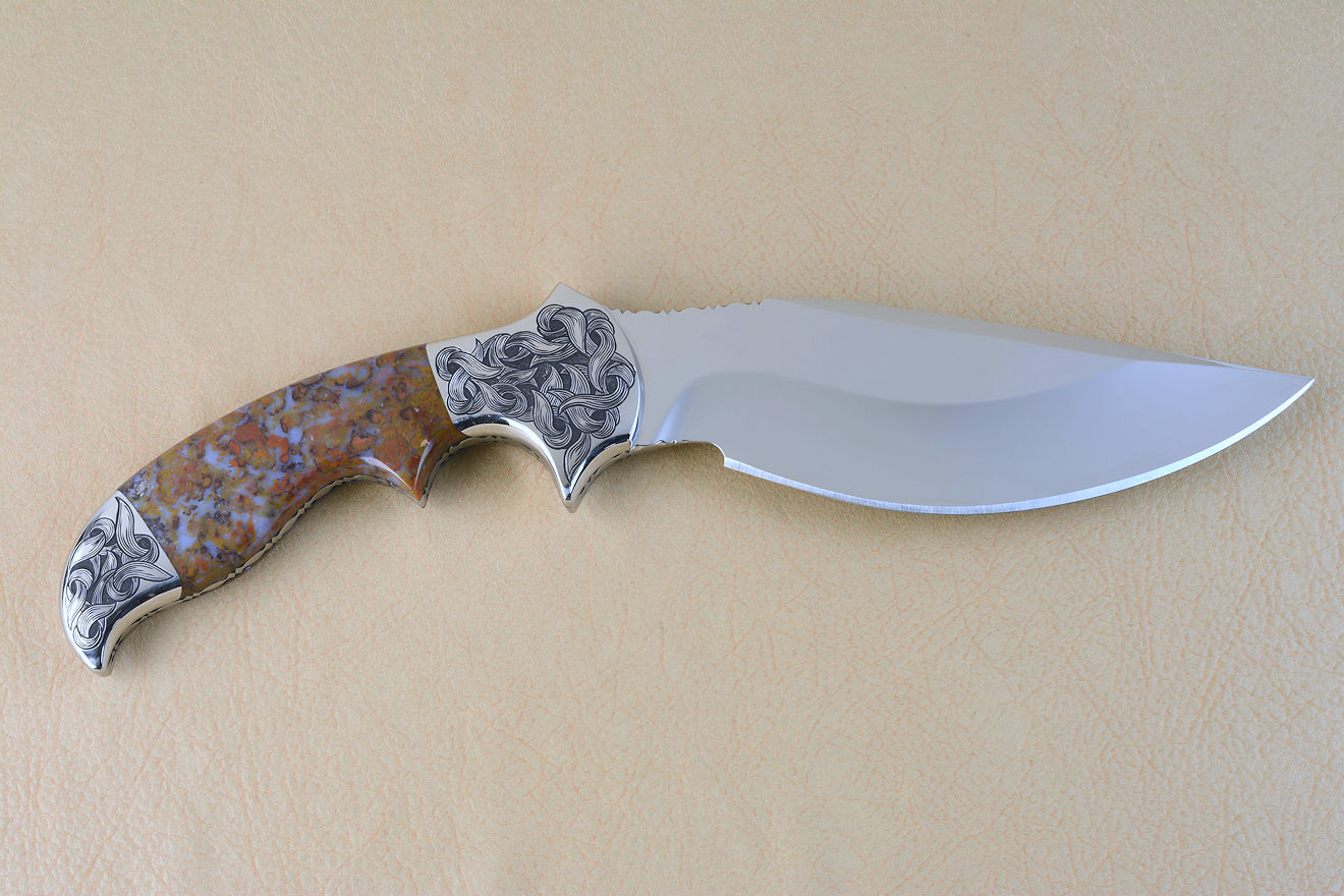 "Orion"reverse side view in 440C high chromium stainless steel blade, hand-engraved 304 stainless steel bolsters, Rio Grande Agate gemstone  handle, hand-carved leather sheath inlaid with frog skin