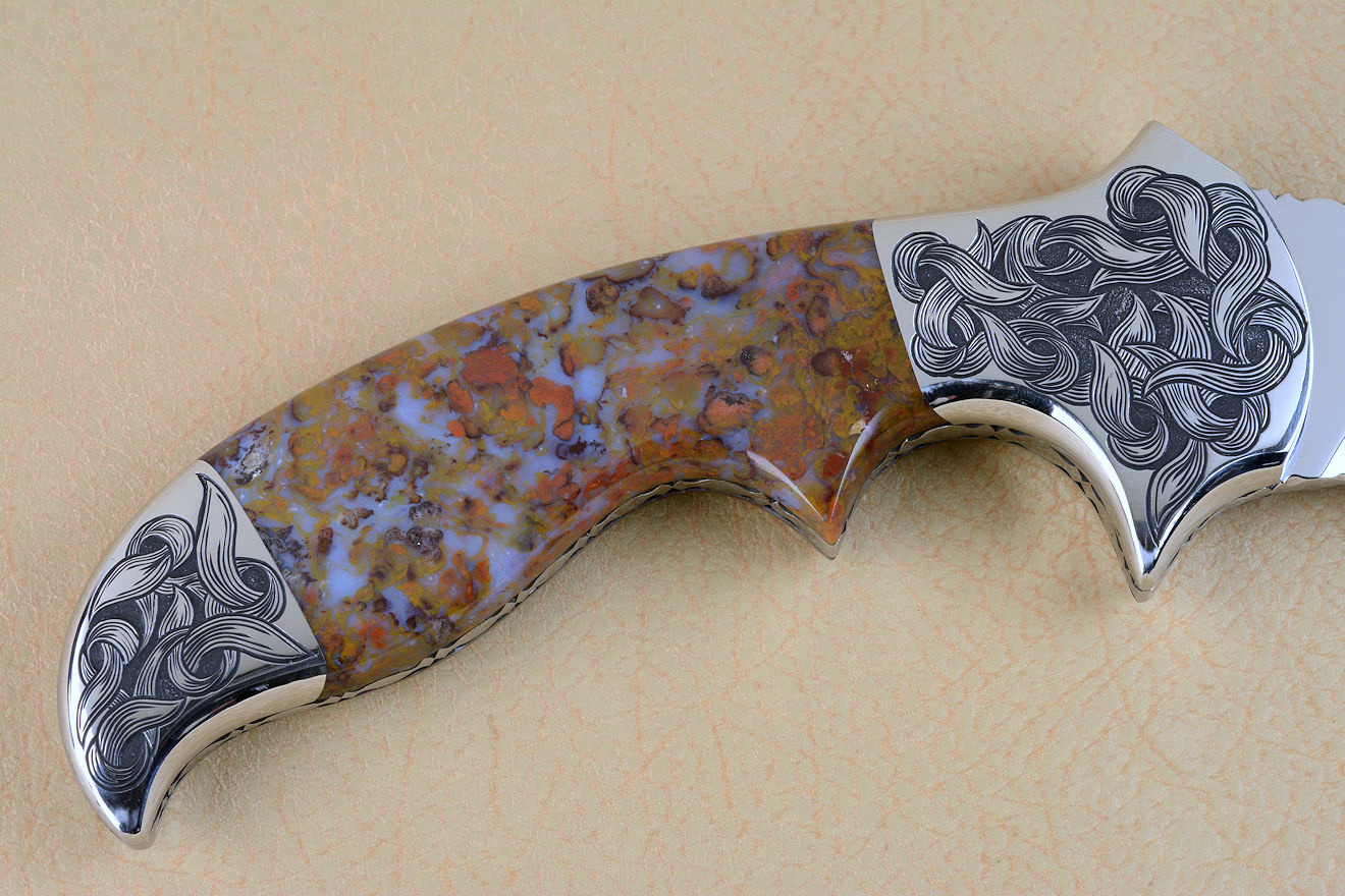 "Orion" in 440C high chromium stainless steel blade, hand-engraved 304 stainless steel bolsters, Rio Grande Agate gemstone  handle, hand-carved leather sheath inlaid with frog skin