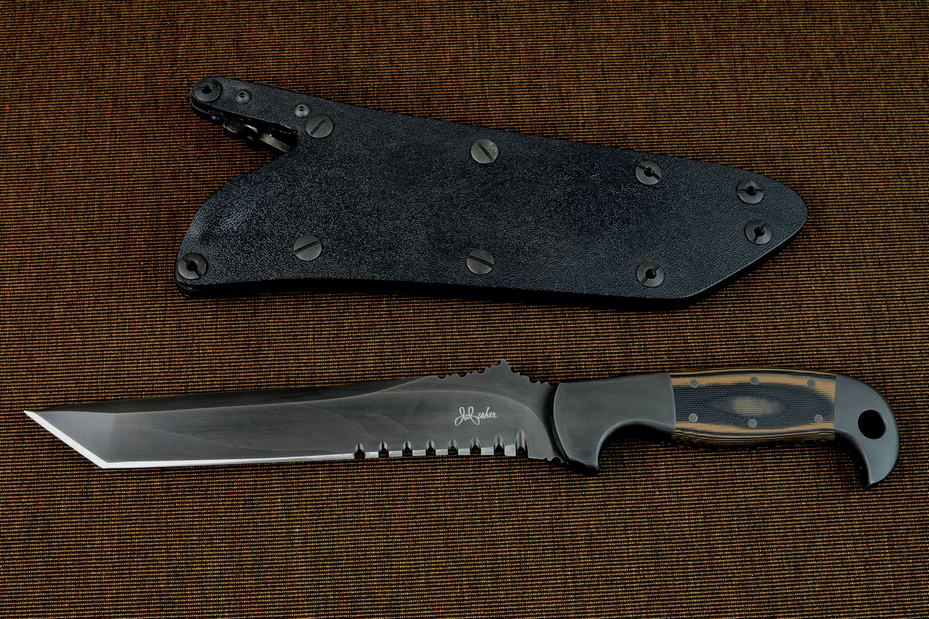 "PJ" Tactical, CSAR, Combat, Counterterrorism knife, obverse side view in 440C high chromium stainless steel blade, 304 stainless steel bolsters, coyote/black G10 fiberglass/epoxy composite laminate handle, locking kydex, aluminum, stainless steel sheath