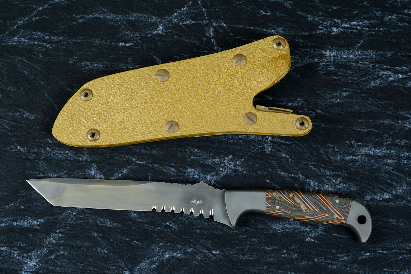 "PJLT" (Pararescue LighT) CSAR, Tactical knife in ATS-34 high molybdenum stainless steel blade, 304 stainless steel bolsters, orange/black G10 composite handle, locking sheath in kydex, anodized aluminum, stainless steel, titanium