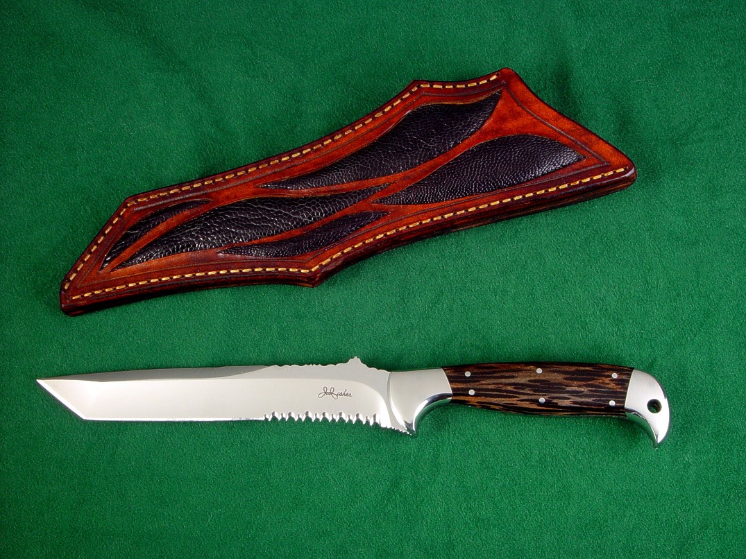 "PJLT" Combat, Tactical, Utility, Investment grade knife: 440C high chromium stainless tool steel blade, 304 stainless steel bolsters, Black Palm wood hardwood handle, Ostrich skin inlaid in hand-carved leather sheath
