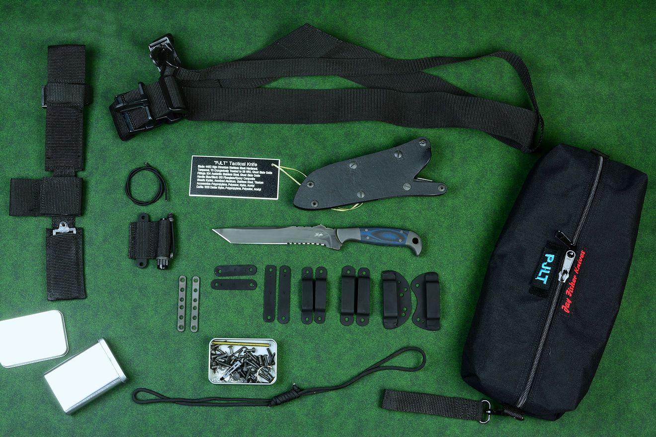 "PJLT" tactical, combat, rescue knife kit, with LIMA, UBLX, belt loops and mounting straps, sternum harness accessories and storage