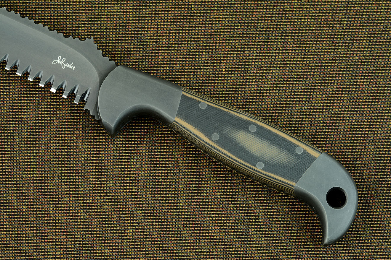 "PJLT" obverse side view in 440C high chromium stainless steel blade, 304 stainless steel bolsters, coyote/black G10 fiberglass/epoxy composite laminate handle, locking kydex, aluminum, stainless steel sheath