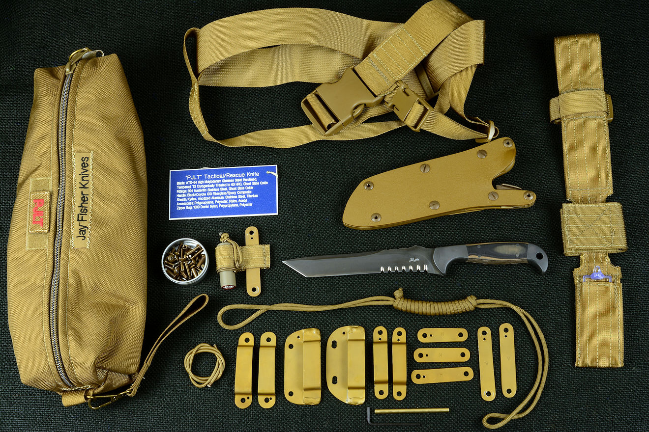 "PJLT" tactical, combat, rescue knife kit, with LIMA, UBLX, belt loops and mounting straps, sternum harness accessories and storage