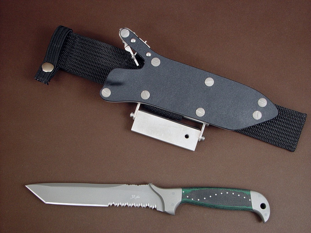 "PJLT" custom handmade tactical CSAR knife, obverse side view in 440c high chromium stainless steel blade, 304 stainless steel bolsters, green and black micarta phenolic handle, locking kydex, aluminum, stainless steel sheath with ultimate belt loop extender and accessories