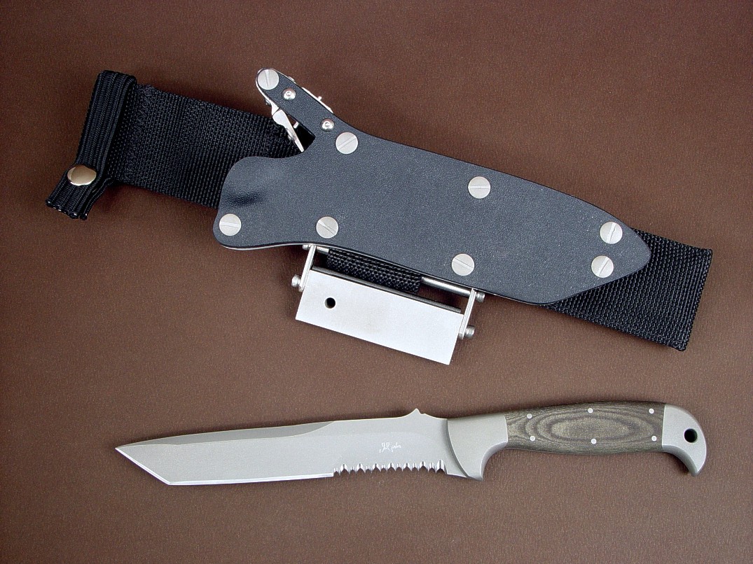 "PJLT" CSAR tactical knife, obverse side view in 440C high chromium stainless steel blade, 304 stainless steel bolsters, green linen micarta phenolic handle, locking kydex, aluminum, stainless steel sheath with ultimate extender and accessory package