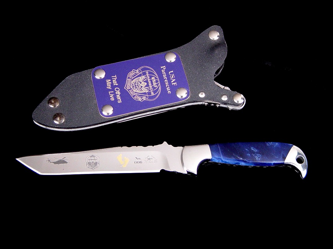 "PJLT" United States Air Force Pararescue commemorative knife in etched, gold, 440C high chromium stainless steel blade, 304 stainless steel bolsters, Sodalite gemstone handle, locking kydex, aluminum, stainless steel sheath