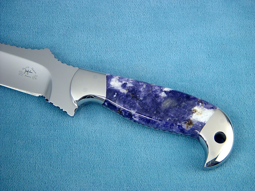 "PJ" Pararescue style knife: 440C high chromium stainess steel blade, 304 stainless steel bolsters, Scapolite gemstone hande, locking kydex, aluminum, stainless steel sheath