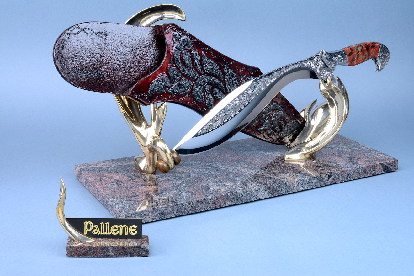 "Pallene" knife sculpture. Arrangement of bronze, stone, steel, leather, and skin is a mixed-media sculpture unique in the world.