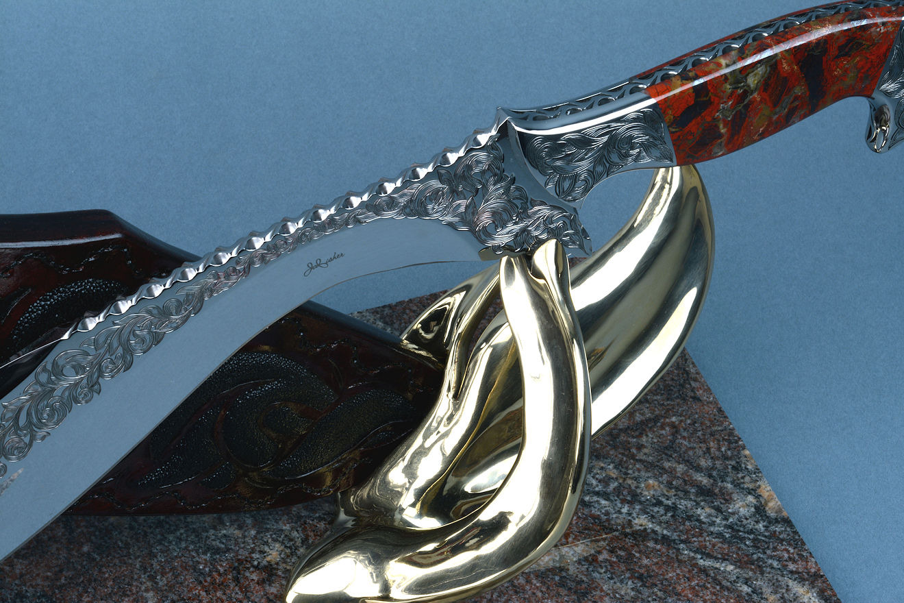 "Pallene" knife obverse side bolster detail, bronze hand-cast display and sculptural stand