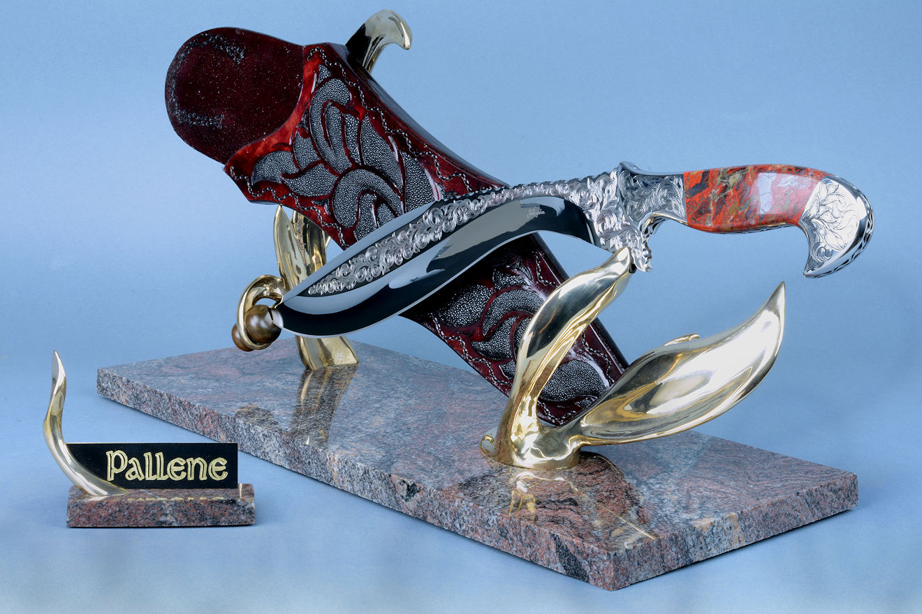 "Pallene" knife sculpture, front right side view. Knife is my "Phlegra" pattern of khukri/kopesh, an ancient design.