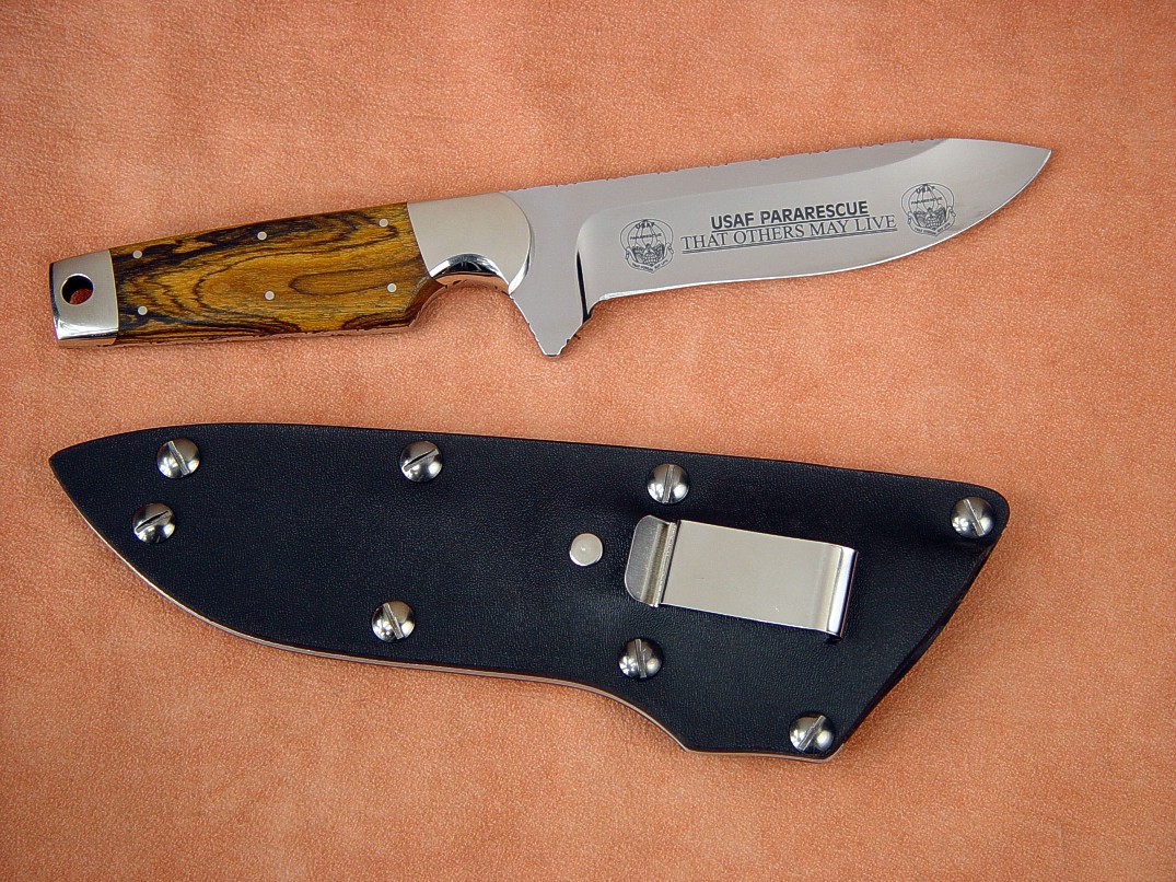 United States Air Force "Paraeagle" Combat SAR knife in etched 440C high chromium stainless steel blade, 304 stainless steel bolsters, Bocote (Cordia) hardwood handle, tension kydex, aluminum, stainless steel sheath