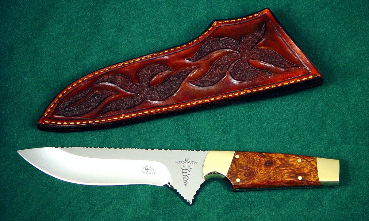 "Paraeagle" obverse side view in etched 440C high chromium stainless steel blade, brass bolsters, Desert Ironwood hardwood handle, hand-carved leather sheath