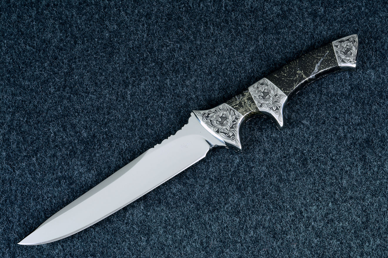 "Patriot" obverse side view in CPM154CM high molybdenum powder metal technology martensitic stainless steel blade, hand-engraved 304 stainless steel bolsters, Golden Midnight Agate gemstone handle, hand-dyed engraved leather sheath