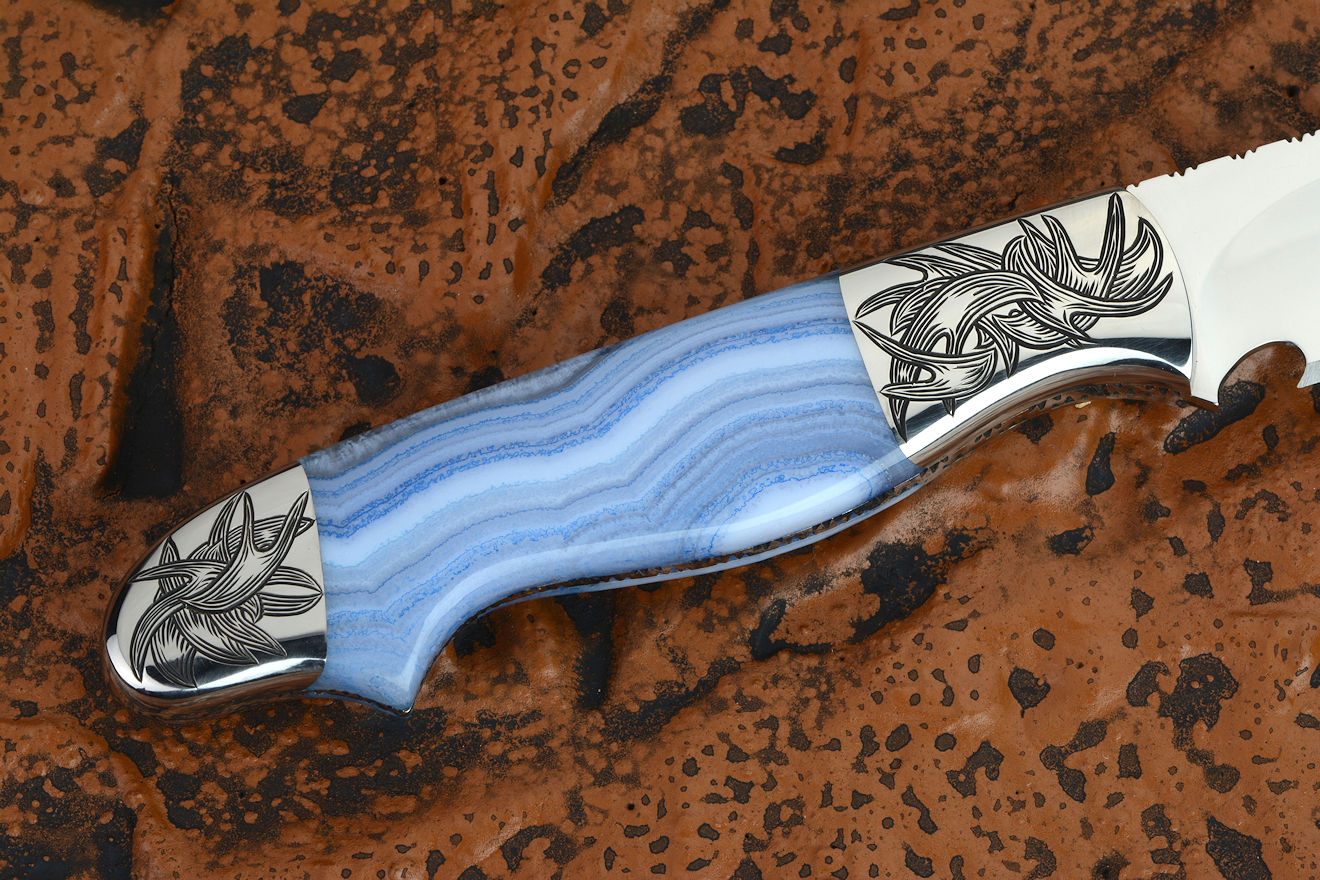 "Perseus" in 440C high chromium martensitic stainless steel blade, hand-engraved 304 stainless steel bolsters, blue lace agate gemstone handle, hand-carved, hand-dyed leather sheath