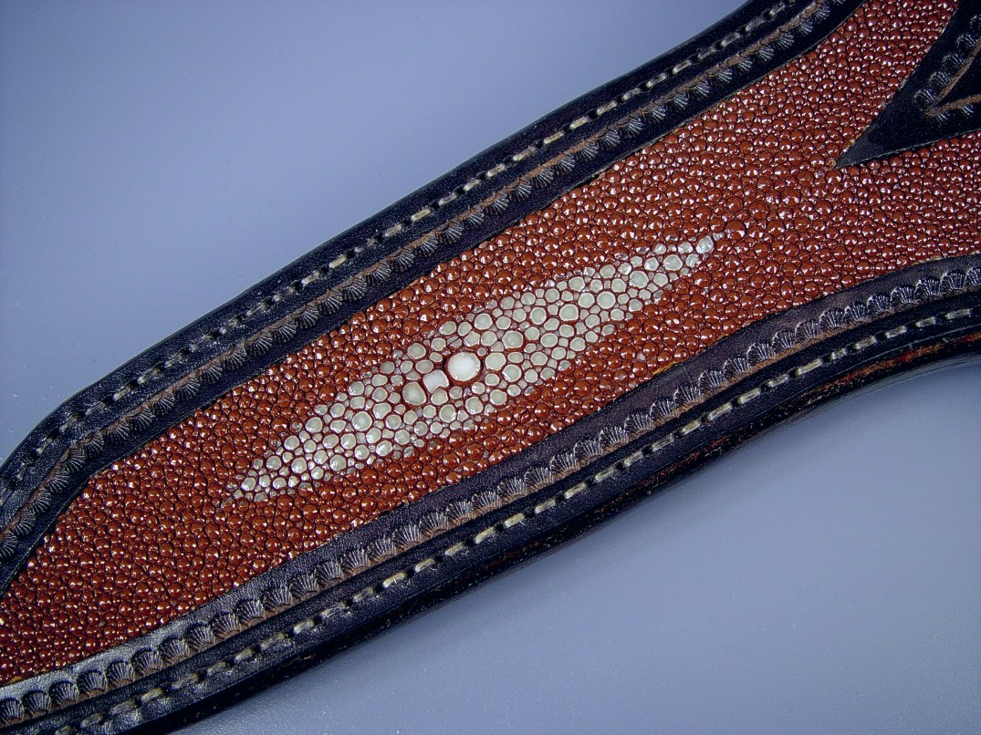 Brown Stingray skin inlaid in hand-carved, hand-stamped 9 - 10 oz. leather shoulder, hand-stitched