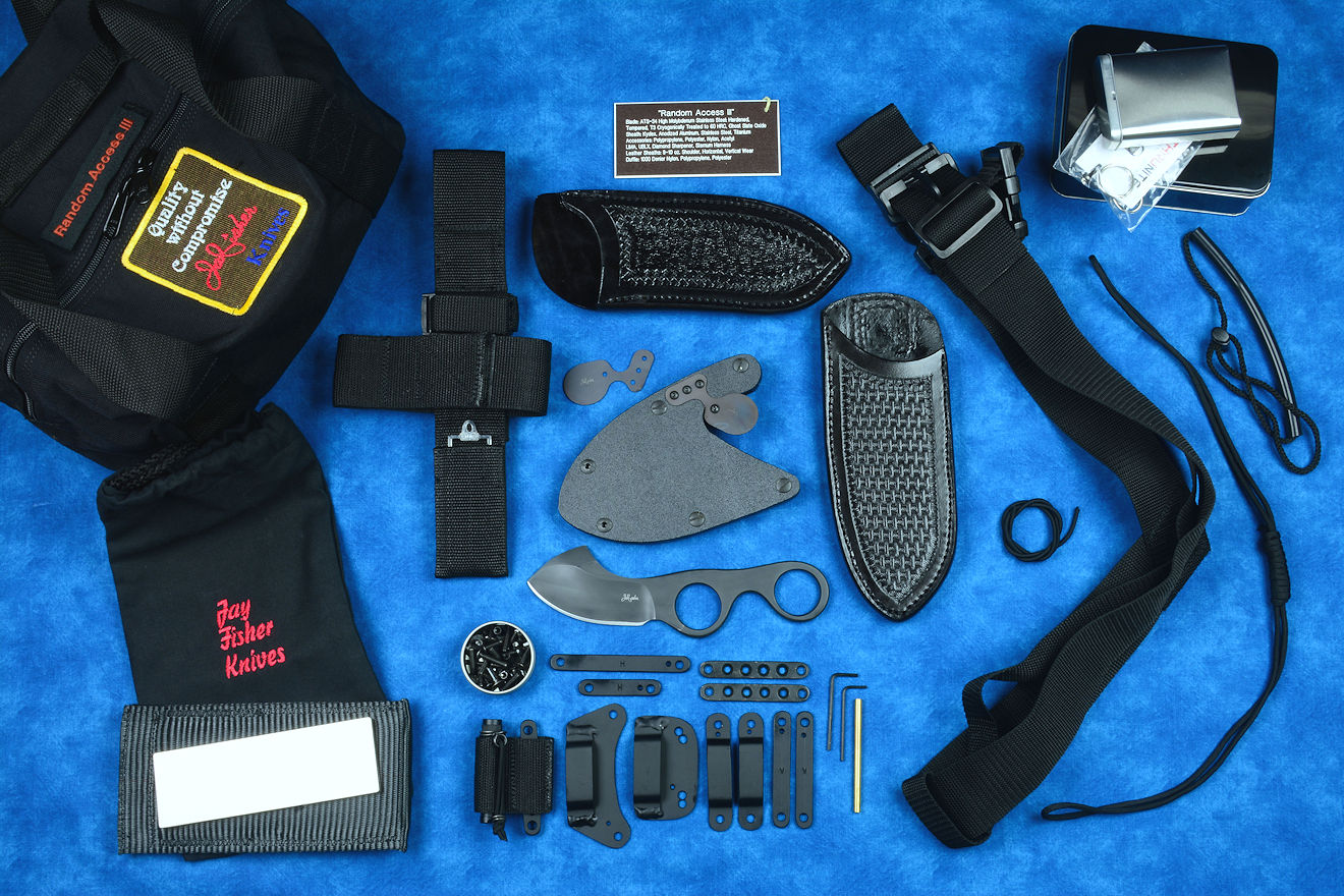 "Random Access III" professional tactical, combat, working, counterterrorism knife kit, complete, with UBLX, LIMA, diamond sharpener, leather sheath, sternum harness, lanyards, staps, clamps, hardware, and heavy ballistic nylon duffle