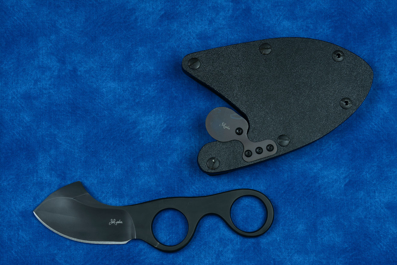 "Random Access III" professional tactical, combat, working, counterterrorism knife, obverse side view in ATS-34 high molybdenum stainless steel blade, hybrid tension-locking sheath in kydex, anodized aluminum, stainless steel, titanium