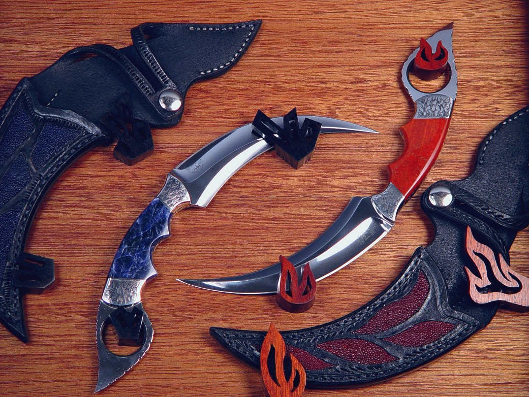 "Raptor" kerambits art pair in 440C stainless steel blades, hand-engraved 304 stainless steel bolsters, Sodalite, Jasper gemstone handles, blue, red stingray skin inlaid in leather sheaths, case of mahogany, bloodwood, ebony