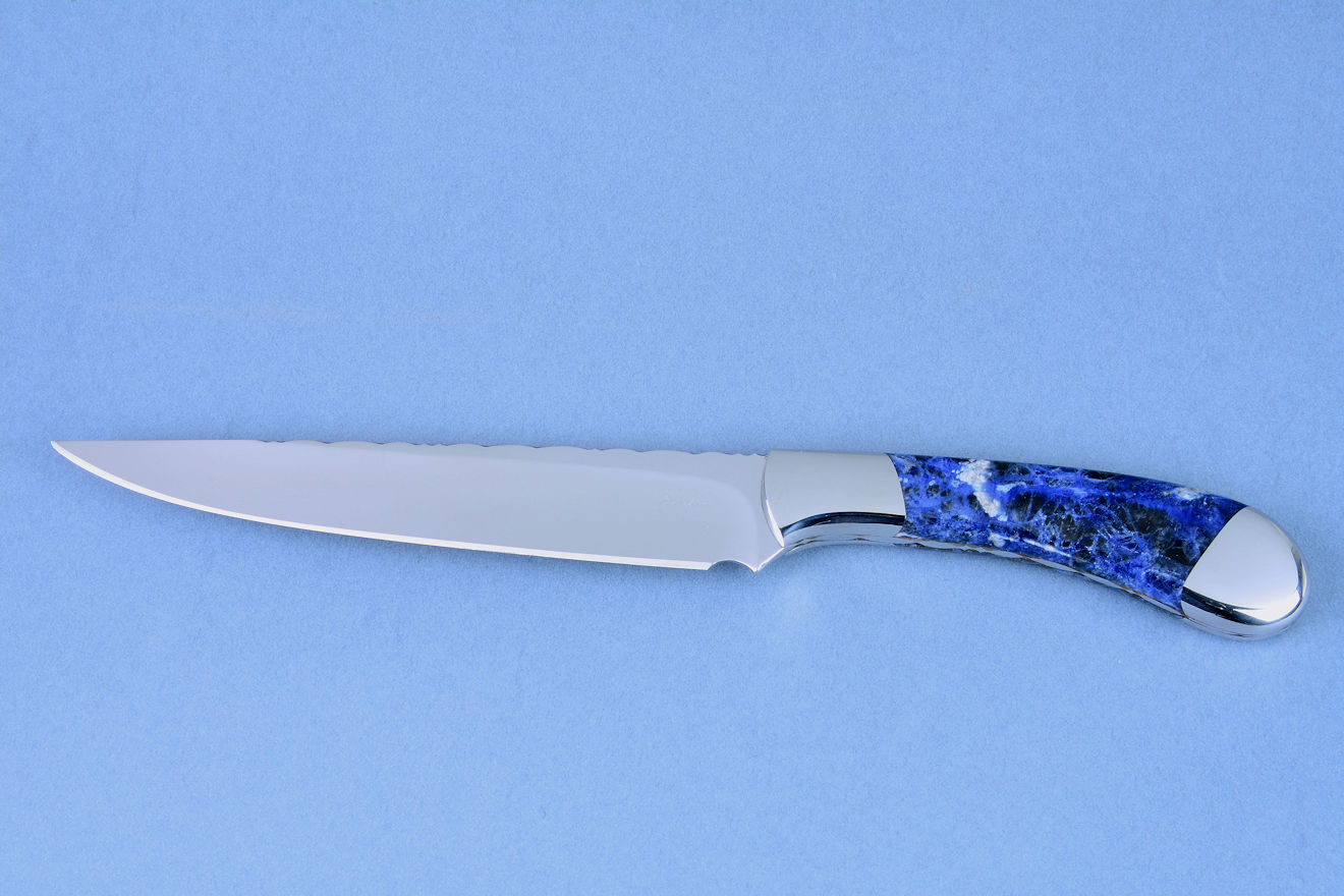 "Sanchez" fine custom handmade chef's knife, obverse side view in 440C high chromium stainles steel blade, T3 cryogenically treated, 304 stainless steel bolsters, Sodalite gemstone handle