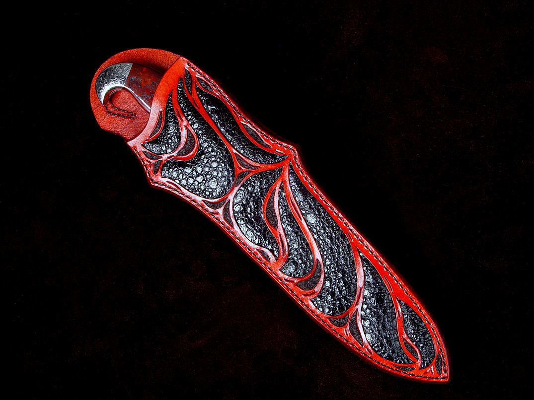 "Sargon"in CPM154CM high molybdenum stainless steel blade, hand-engraved 304 stainless steel bolsters, Fossilized Stromatolite Algae gemstone handle, Frog skin inlaid in hand-carved leather sheath