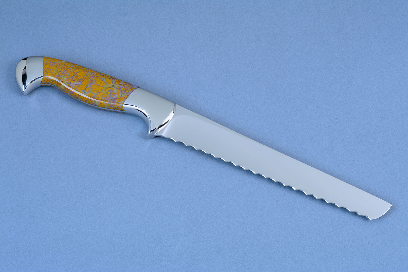 "Courgette" fine handmade  bread knife in T3 cryogenically treated 440C high chromium stainless steel blade, 304 stainless steel bolsters, Stone Canyon Jasper gemstone handle