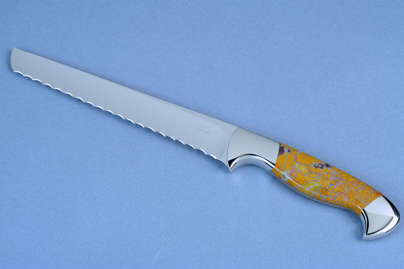 "Courgette" fine handmade  bread knife in T3 cryogenically treated 440C high chromium stainless steel blade, 304 stainless steel bolsters, Stone Canyon Jasper gemstone handle