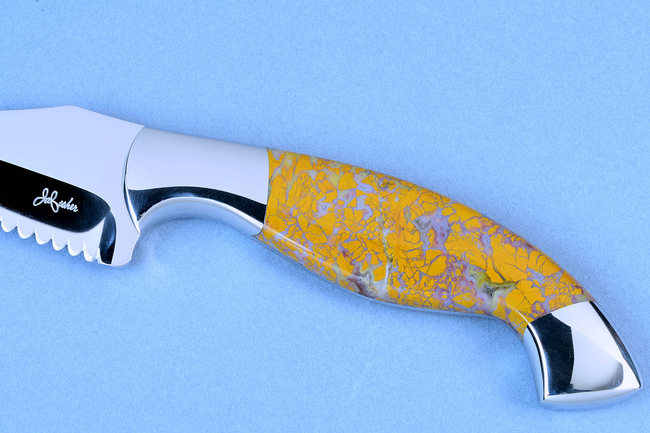 "Sasserides"  bread knife in T3 cyrogenically treated 440C high chromium stainles steel blads, 304 stainless steel bolsters, Stone Canyon Jasper gemstone handle