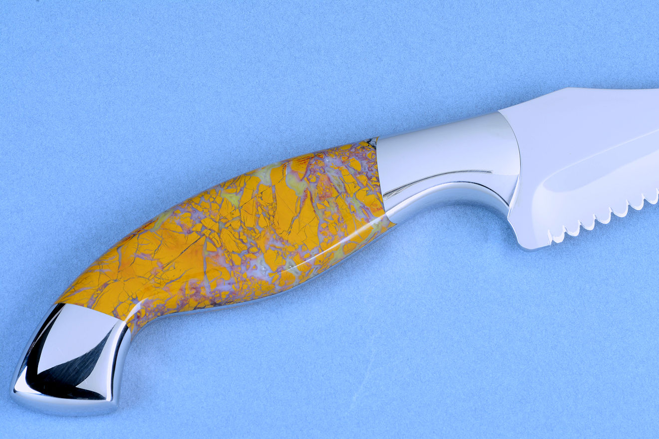 "Sasserides" elegant and graceful  bread knife with "mini-curtain" serrations, in stainless steel cryogenically treated blade, stainless steel bolsters, Stone Canyon Jasper gemstone handle