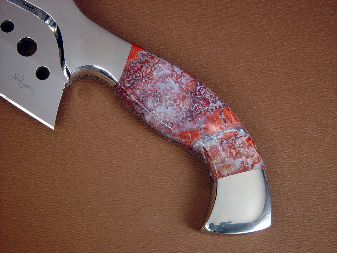 "Saussure" master chef's knife, obverse side view in 440C high chromium stainless steel blade, 304 stainless steel bolsters, Argentina Agate gemstone handle, Ostrich leg skin inlaid in hand-carved leather sheath