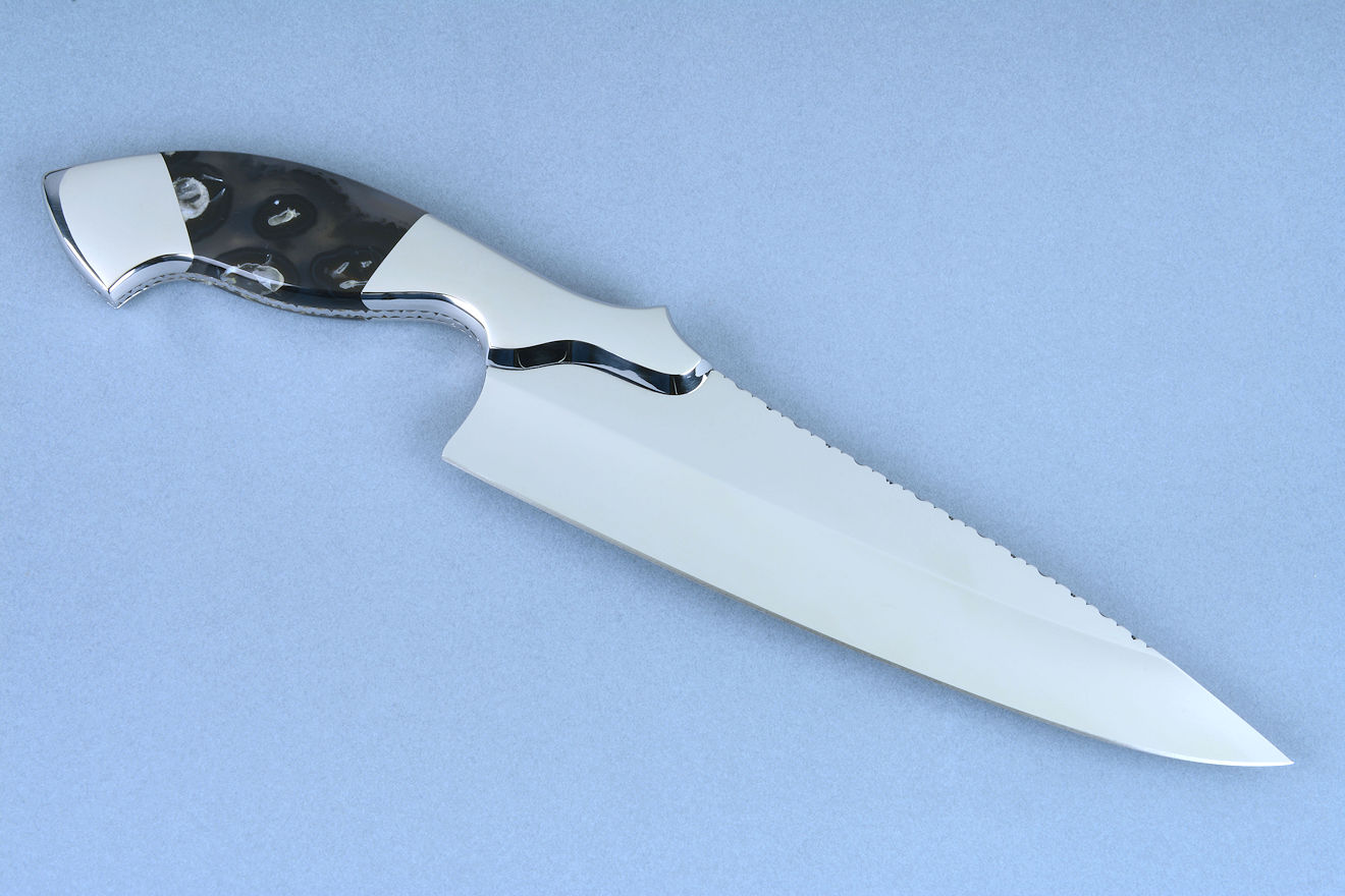 "Sirona" extremely fine chef's knife, reverse side view. Design is a proven performer used by professional restaurant chefs